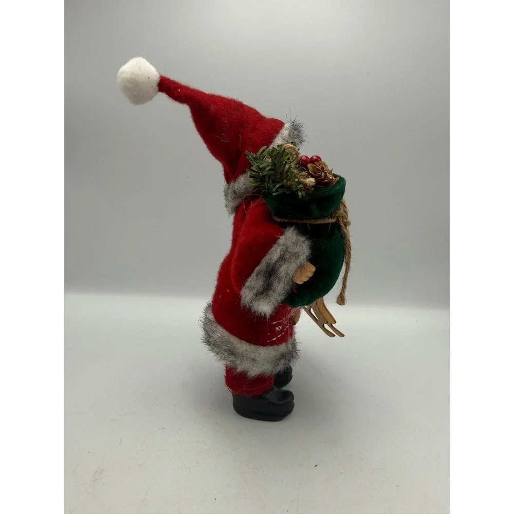 Santa Claus Figurine Red Felt Suit with Ice Skates and Green Toy Bag 8 Inch